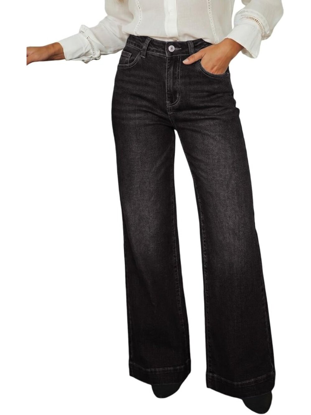 Women's Black Wide Leg Baggy Flare Jeans High Waisted Straight Leg Jeans